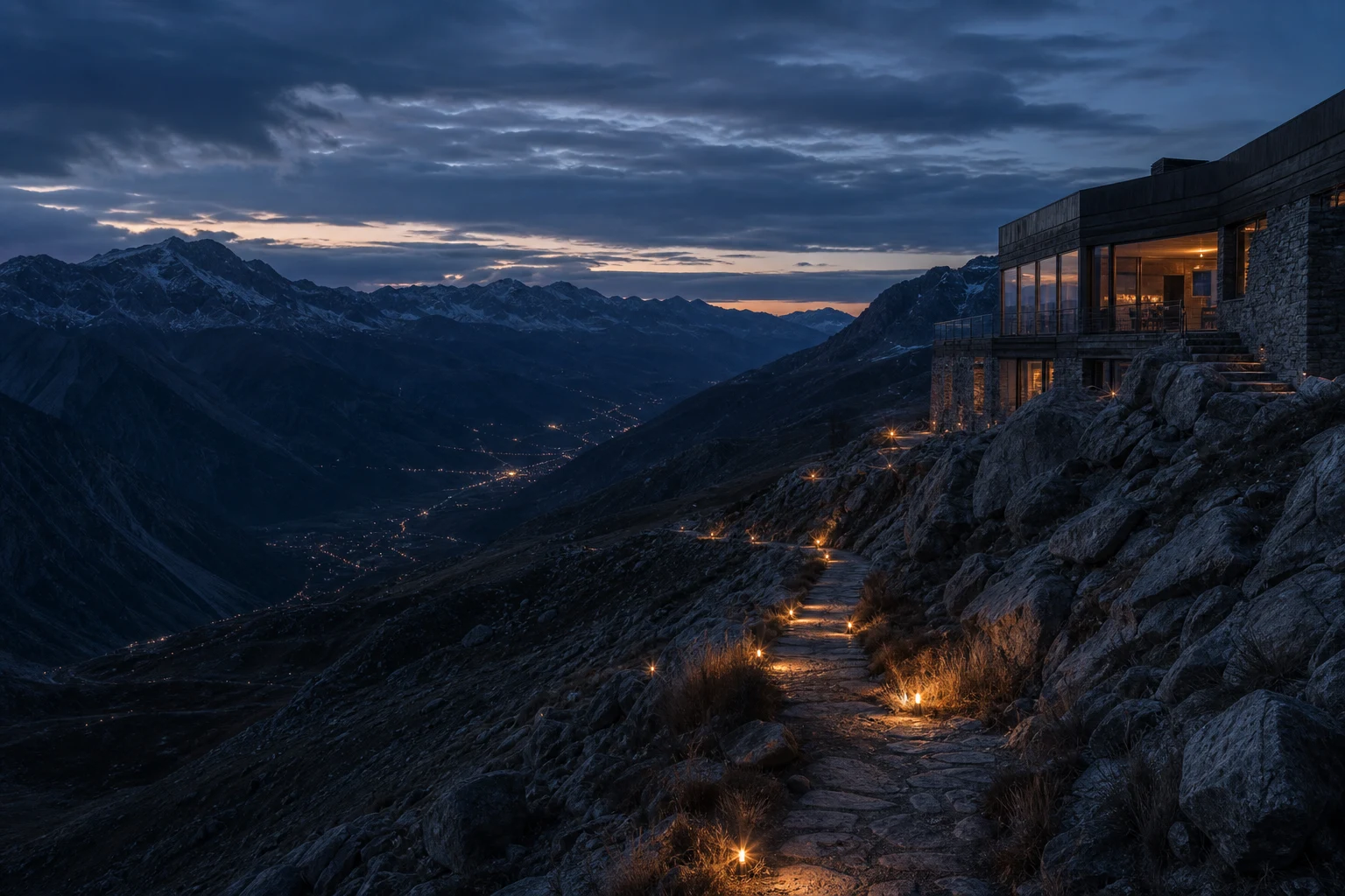 Beleuchteter Steinweg vom fiktiven Restaurant in Richtung Tal bei Nacht