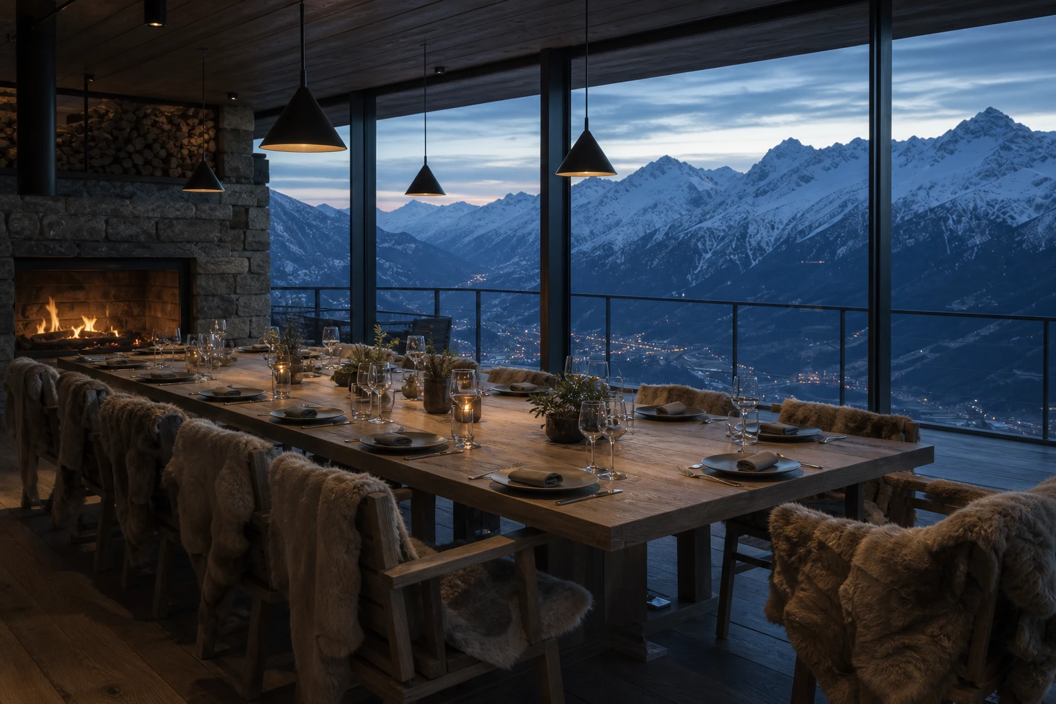 Fiktiver Speiseraum aus Stein, Holz und Glas mit Blick in die Berge