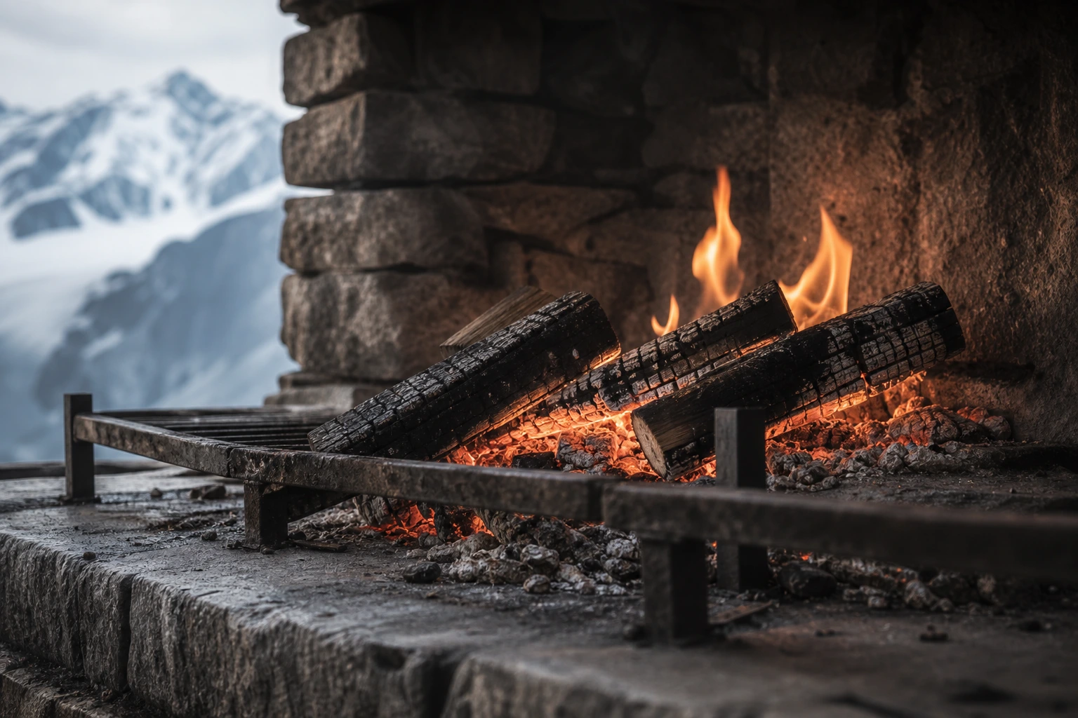 Offenes Feuer in einer dunklen steinernen Kochstelle